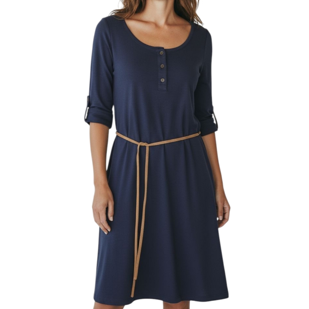 Lauren By Ralph Lauren Navy Blue Dress With Leather Belt Size m 100% Cotton